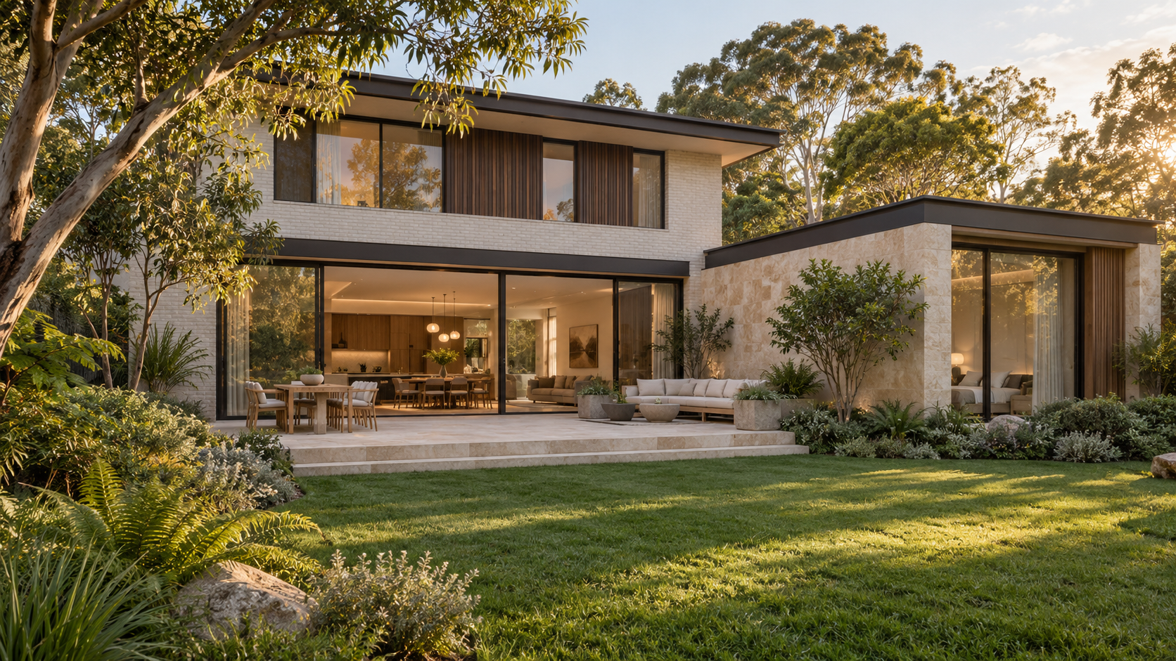 Architectural concept of an indoor–outdoor living area and landscaped native garden