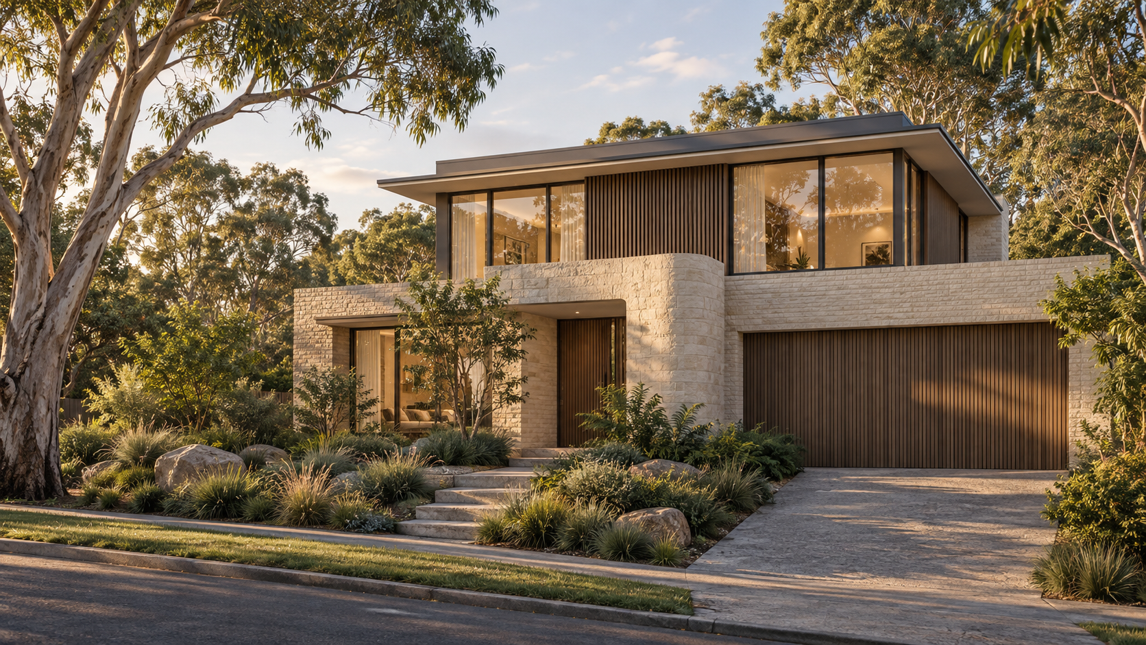 Architectural concept of a luxury stone and timber home with native planting and mature eucalyptus trees